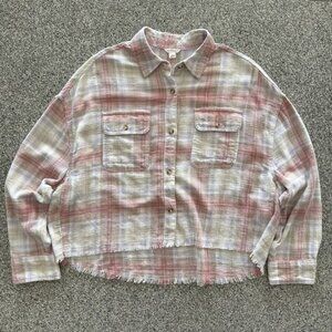 Aeropostale Long Sleeve Plaid Cropped Button Up Shirt Women's Size M Fray Hem